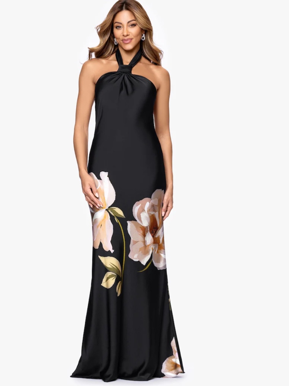 Betsy & Adam Black Halter Maxi Dress with Cream and Tan Floral Hem